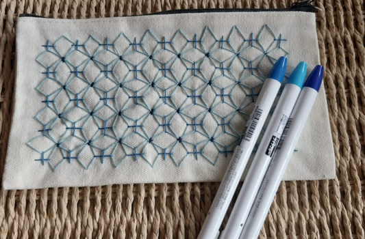 Sashiko Hydrangea pencil bag with floral design, featuring a zippered closure and compact storage for stationery items.