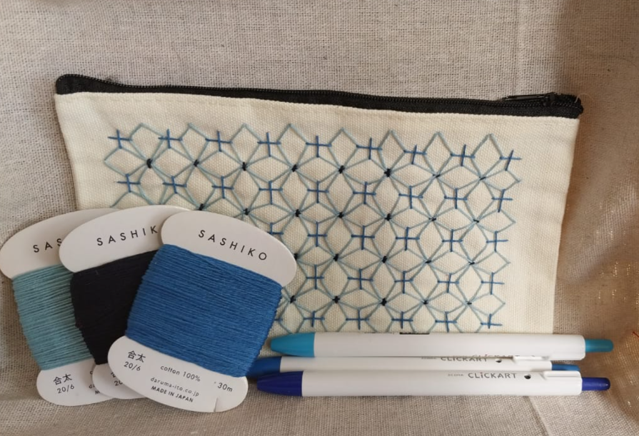 Sashiko Hydrangea pencil bag with floral print, zip closure, compact design, ideal for stationery storage and organization.